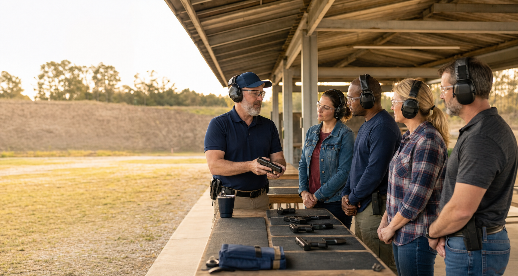 Adult students attending a supervised firearms safety course at an outdoor training range