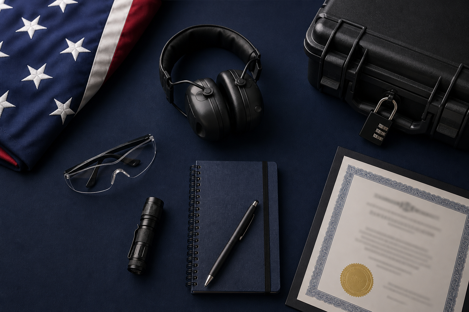 Safety glasses, hearing protection, flashlight, notebook, locked case, and American flag arranged for a training course